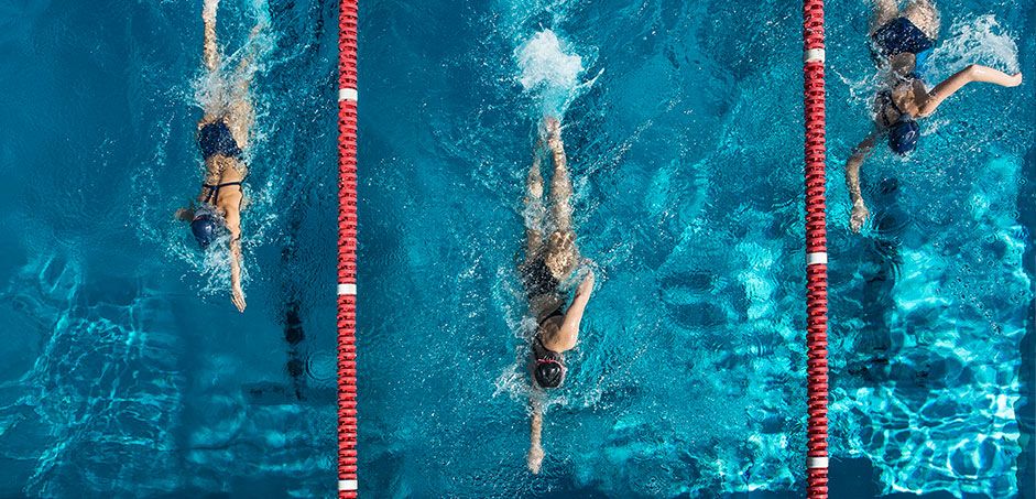 Draufsicht einer Schwimmbahn mit drei Schwimmerinnen Draufsicht einer Schwimmbahn mit drei Schwimmerinnen
